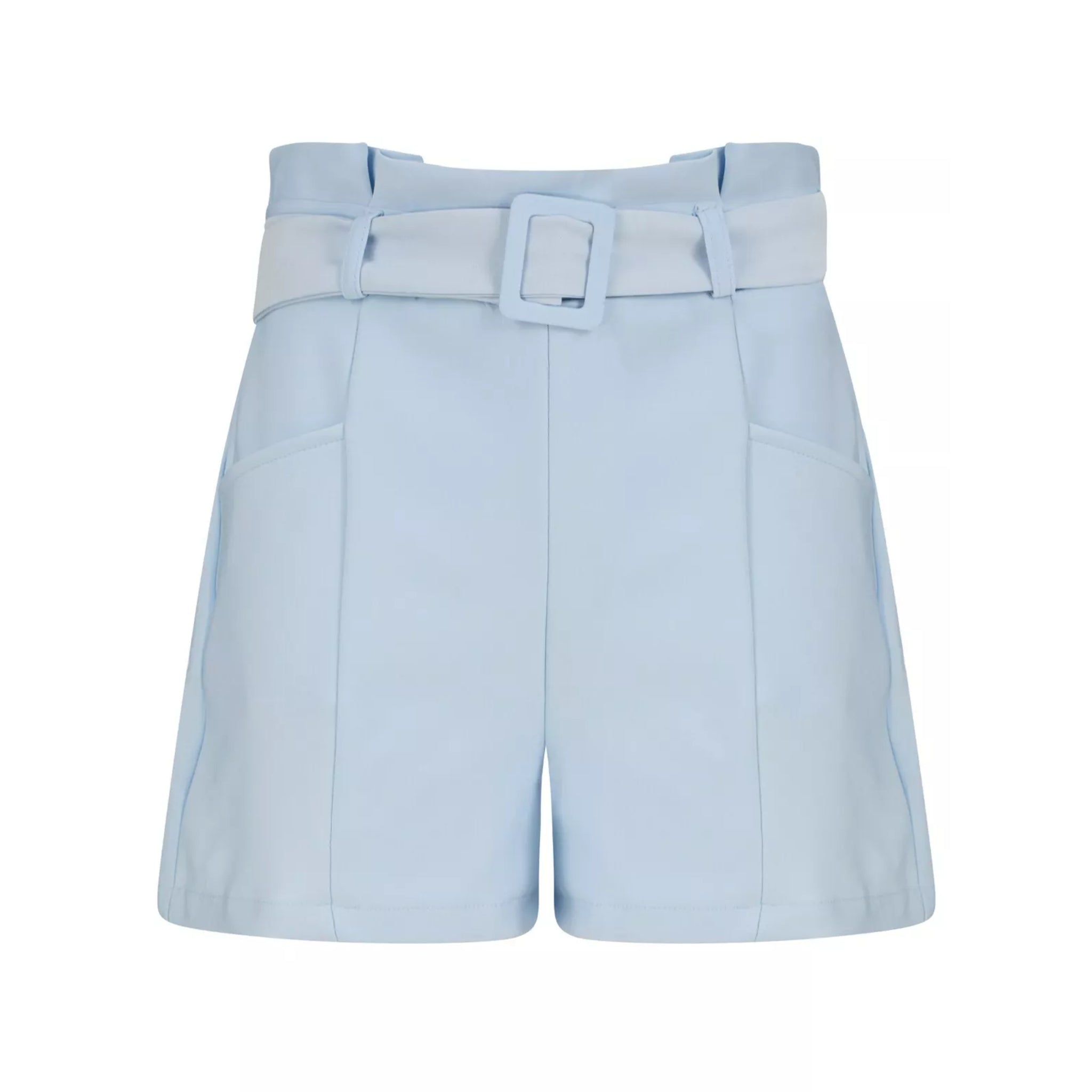Women's high-waisted belted tailored shorts in blue – smart summer shorts with pockets and pleated front detail